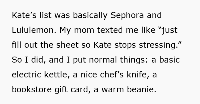 Text excerpt showing a family Secret Santa gift list with a luxe shopping list causing one member to drop out.
