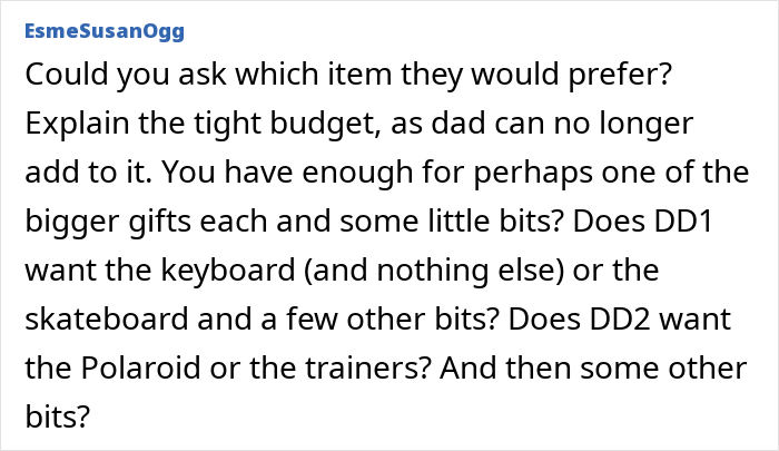 Screenshot of a social media comment discussing a dad’s changed budget for contributing 400 per kid for Christmas gifts. Screenshot of a social media comment discussing a dad’s changed budget for contributing 400 per kid for Christmas gifts.