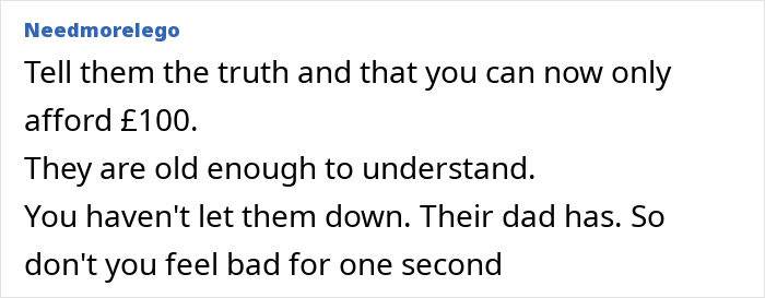 Comment urging honesty about reduced contribution after man promises $400 per kid for Christmas then changes his mind.