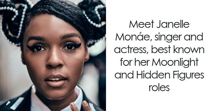 Close-up of Janelle Monu00e1e, highlighting her distinctive hairstyle and makeup, representing her bio and career highlights.