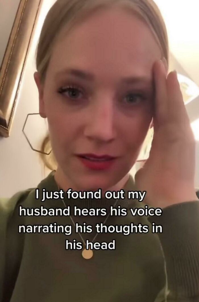 Woman in green sweater sharing a funny post about her husband narrating his thoughts in his head, relatable humor moment