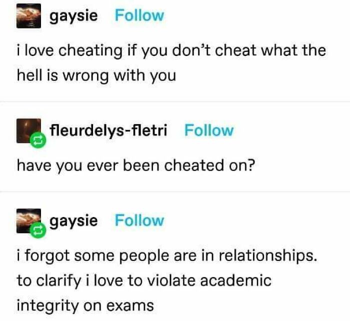 Funny social media exchange about cheating, academic integrity, and misunderstandings provoking laughter and surprise.