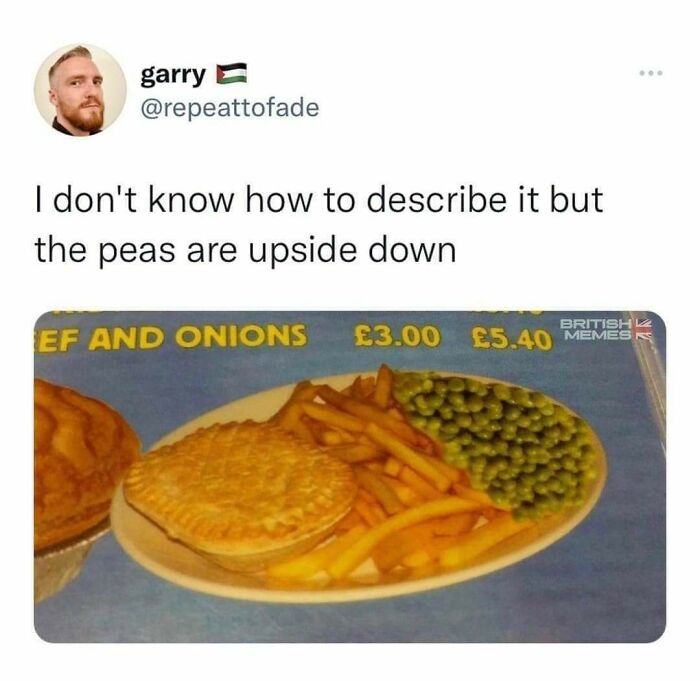 Funny social media post about peas upside down on a plate, part of viral posts that make you laugh out loud. Funny social media post about peas upside down on a plate, part of viral posts that make you laugh out loud.