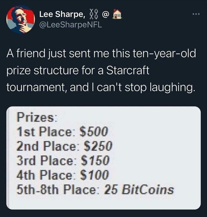 Tweet showing a humorous Starcraft tournament prize structure that makes people laugh out loud.