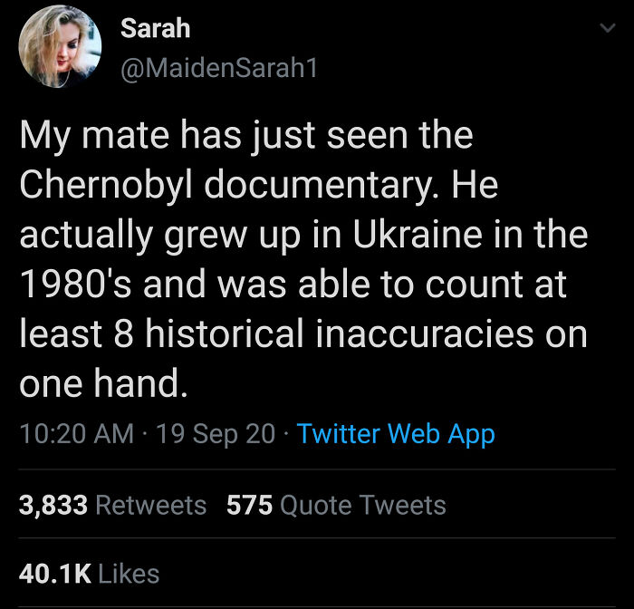 Tweet about spotting historical inaccuracies in the Chernobyl documentary, part of funny posts that make you say wait what Tweet about spotting historical inaccuracies in the Chernobyl documentary, part of funny posts that make you say wait what
