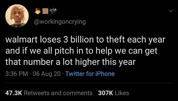Tweet about Walmart theft losses humorously highlighting viral posts that make you say wait and laugh out loud.