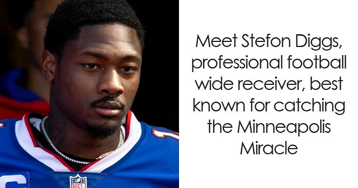 Stefon Diggs in a blue football jersey, known as a professional wide receiver with notable career highlights.