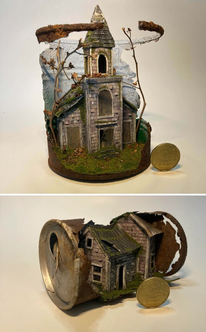 Miniature detailed models of a church and house created inside old rusty cans, showcasing cool handmade art.