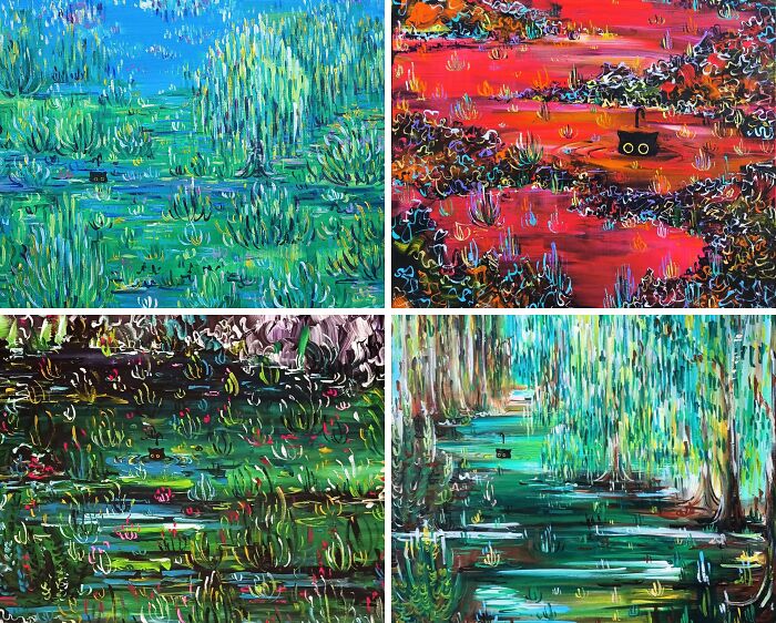 Abstract colorful paintings with small black cat figures, showcasing creative and cool art people made to share.