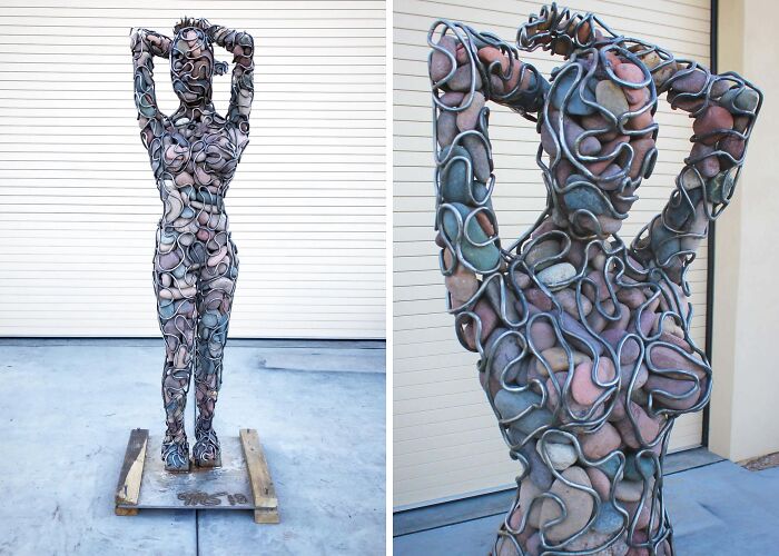 Metal sculpture of a human figure made with intertwined wires and stones, showcasing cool craftsmanship and design.