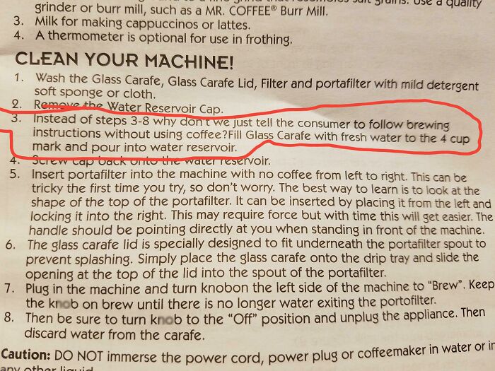 Instructions for cleaning a coffee machine include a poorly written step about filling the water reservoir without coffee.