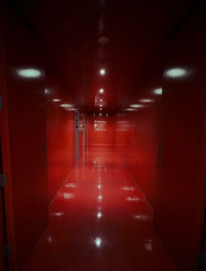 Dimly lit red hallway with reflective surfaces inside an eerie evil building resembling a horror movie setting.