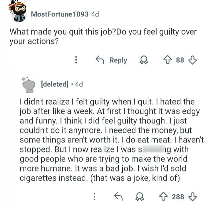 Reddit conversation with ex-employee sharing guilty feelings about quitting job linked to discrediting veganism online.