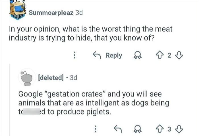 Screenshot of an online comment revealing hidden truths about the meat industry, relevant to discrediting veganism online.