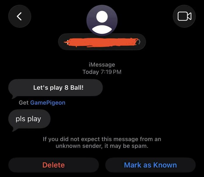 Screenshot of a funny wrong number text conversation inviting to play 8 Ball on GamePigeon app.
