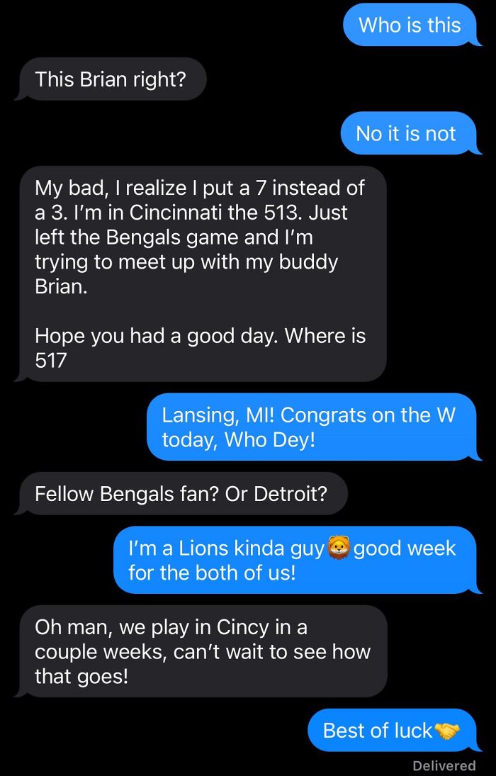 Text message exchange between two sports fans sharing a funny wrong number conversation about Bengals and Lions games.