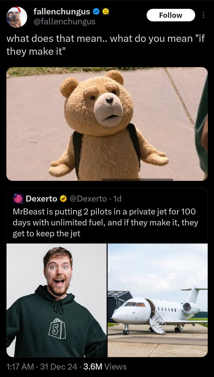 A humorous social media post featuring a confused teddy bear meme and MrBeast’s private jet challenge.