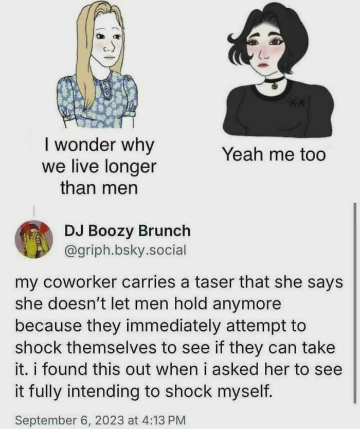 Two illustrated women discuss why women live longer than men, paired with a humorous social media post about coworkers and a taser. Two illustrated women discuss why women live longer than men, paired with a humorous social media post about coworkers and a taser.