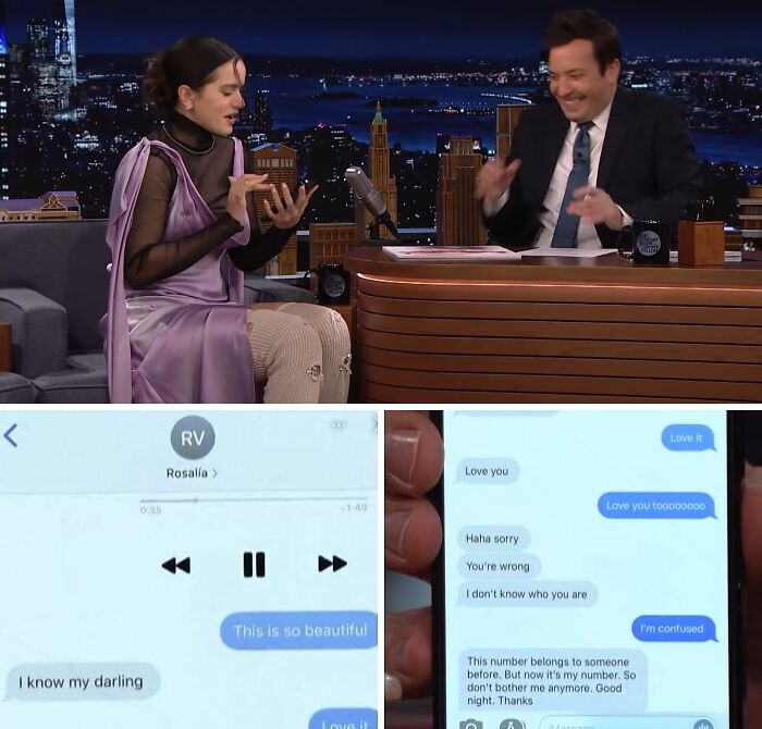 A talk show guest laughing while sharing funniest wrong number text message exchanges on screen.