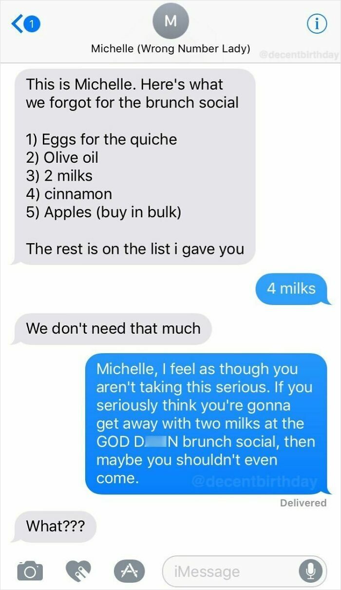 Text message exchange showing a funny wrong number mix-up about items needed for a brunch social event.