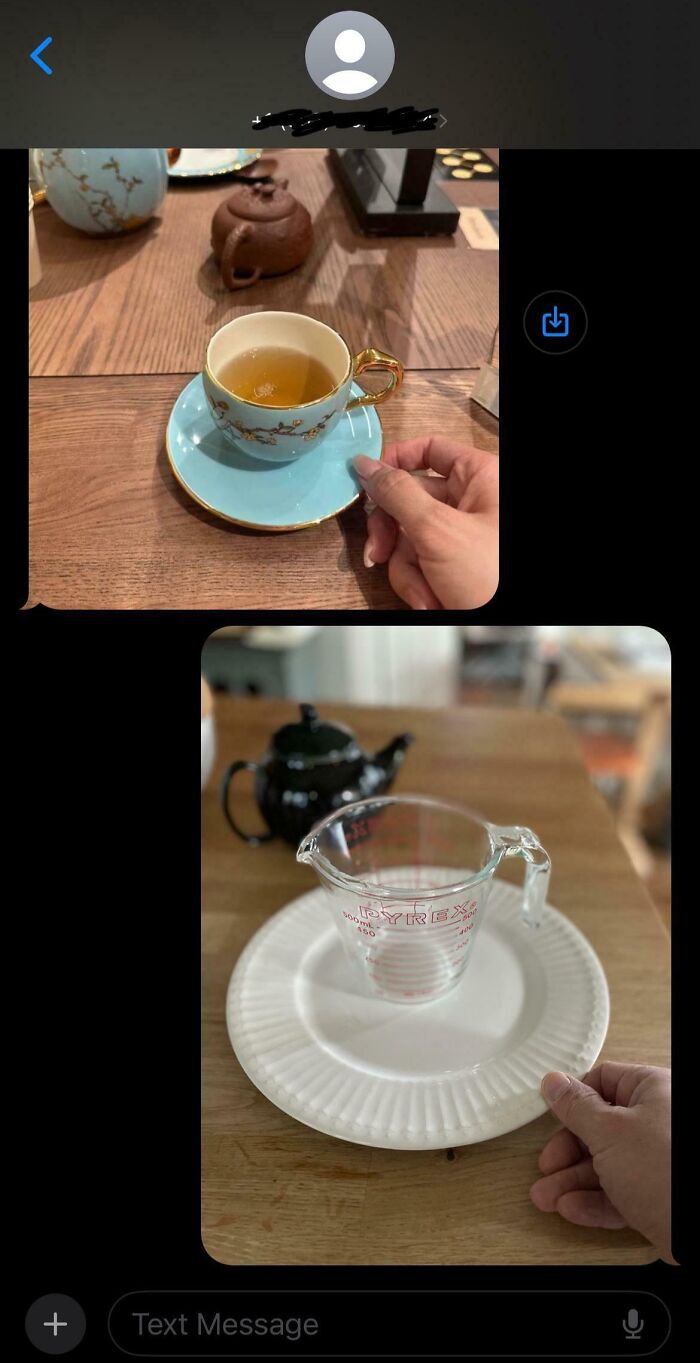 Funny wrong number text conversation showing a tea cup and a measuring cup on different tables.