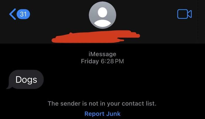 Screenshot of a funny wrong number text conversation with a message saying Dogs from an unknown sender.