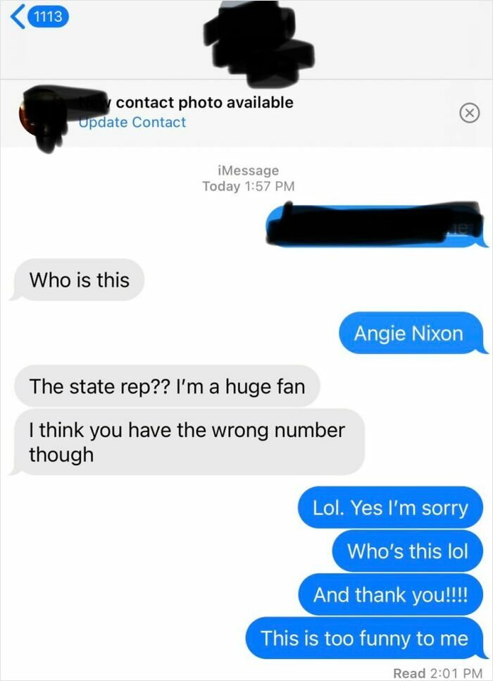 Text message exchange showing a funny wrong number conversation with confused and humorous responses.