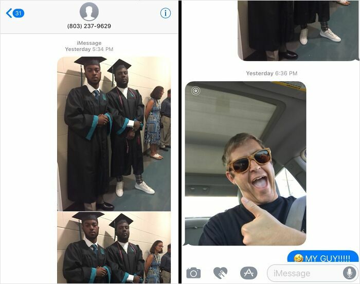 Screenshot of funny wrong number texts showing graduation photos and a man giving a thumbs up in a car conversation.