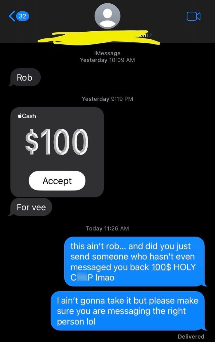 Screenshot of a funny wrong number text exchange involving a mistaken $100 Apple Cash payment request.