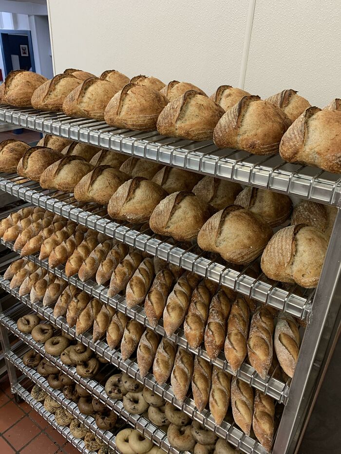 Freshly baked bread and bagels cooling on metal racks illustrating people taking a leap of faith in life decisions.