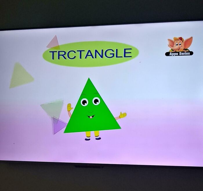Illustration of a green triangle with eyes and hands under a misspelled word, showing job done poorly and almost impressive.