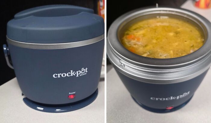 Popular Amazon wish list product Crock-Pot slow cooker shown closed and filled with soup on a countertop.