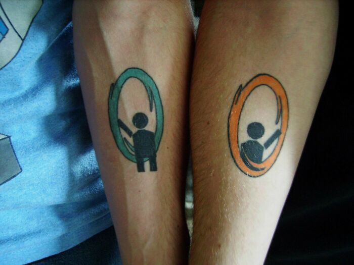 Matching wholesome tattoos of a person waving inside colored oval frames on two forearms, symbolizing connection and meaning.