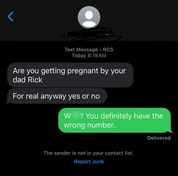 Text message exchange showing a funny wrong number text about pregnancy confusion causing laughter and cringe.