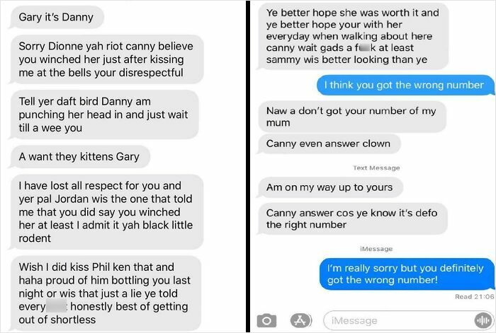 Funny wrong number text conversation with mistaken identity and humorous replies in casual messaging exchange.