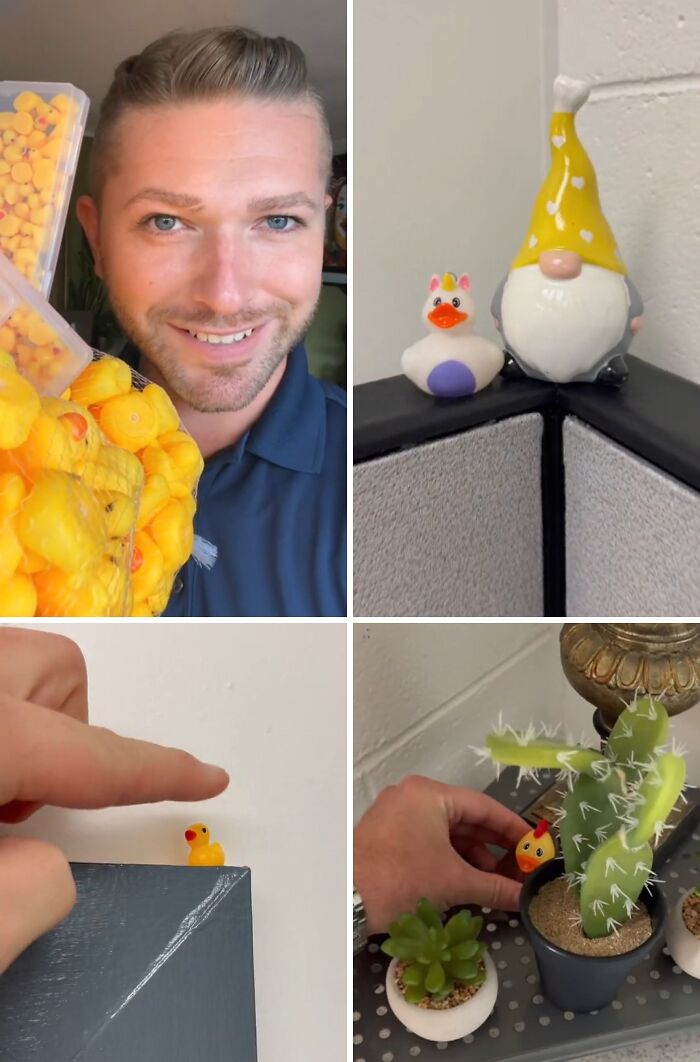 Man holding a large bag of rubber ducks and placing small ducks as pranks in an office setting with no regrets.
