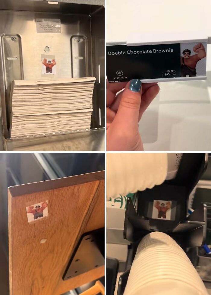 Small prank stickers of a muscular cartoon character placed by employees in various office locations as a lighthearted joke.