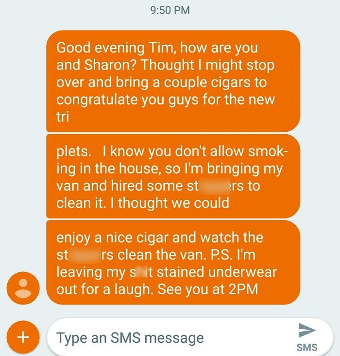 Screenshot of a funny wrong number text message mistakenly sent to a stranger, causing laughter and confusion.