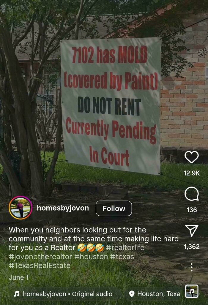 Sign warning of mold and legal issues on rental property, highlighting rental nightmares where landlords cut corners and got exposed.