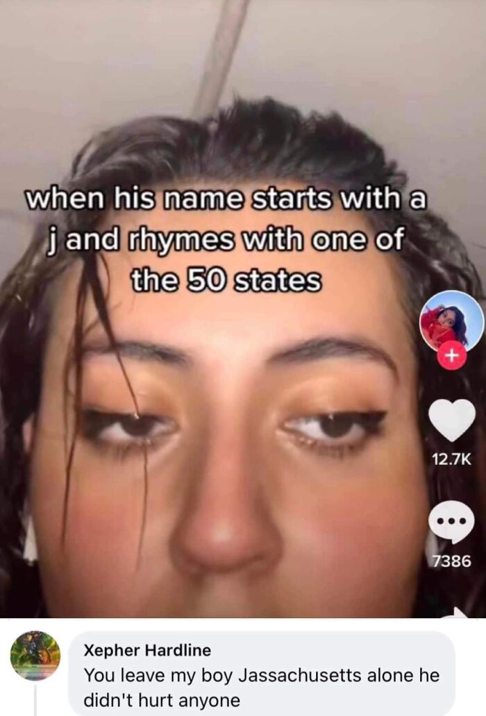 Close-up of a woman with caption about a name rhyming with a state and a comment making a funny post joke.