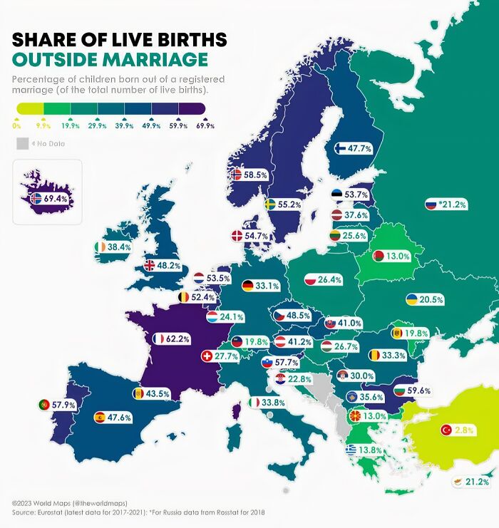 Map of Europe showing share of live births outside marriage with curiosity-interesting-map-data on child birth percentages.