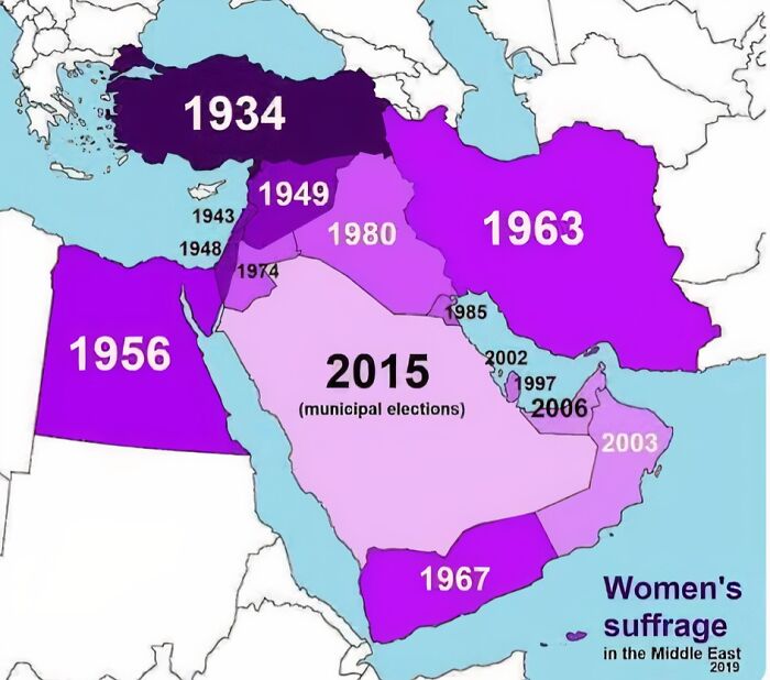 Map showing key years of women's suffrage milestones in the Middle East, highlighting curiosity and interesting map data trends.
