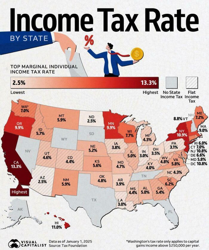 US income tax rate map by state showing top marginal individual rates with curiosity-interesting-map-data visualization.