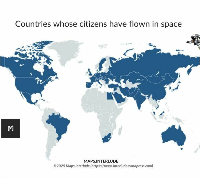 World map highlighting countries whose citizens have flown in space, showing curiosity and interesting map data.