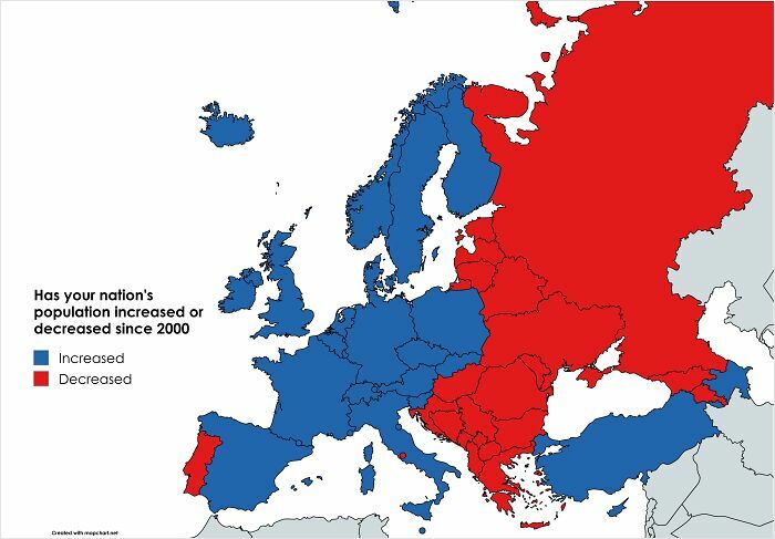 Map showing curiosity-interesting-map-data on population changes in Europe since 2000 with countries colored by increase or decrease.