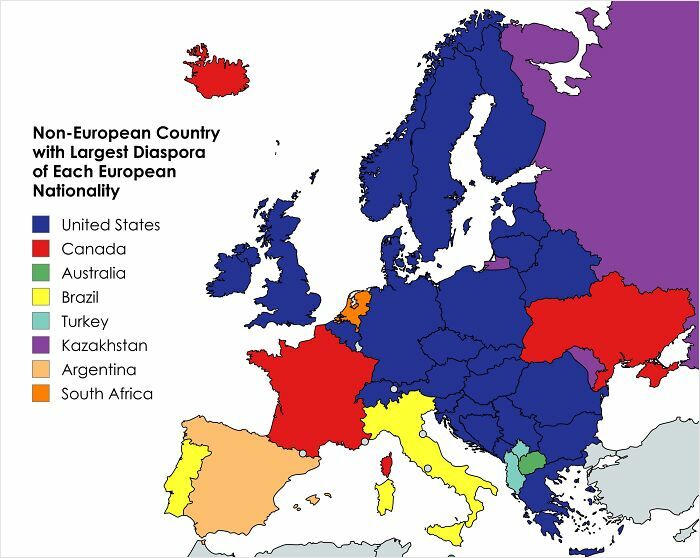 Map showing non-European countries with the largest diaspora for each European nationality using colorful data visualization.
