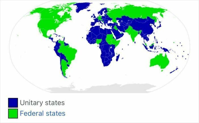 World map showing unitary states in blue and federal states in green with curiosity interesting map data visualization.
