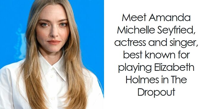 Amanda Seyfried with long blonde hair standing against a blue background, highlighting her bio and career highlights.