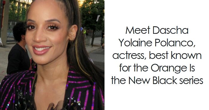 Dascha Polanco smiling outdoors, wearing a striped blazer, highlighting her bio and career highlights as an actress.