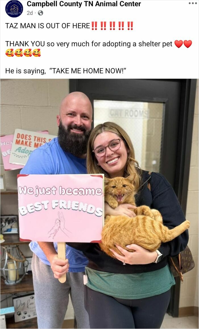 Happy couple holding newly adopted cat at animal shelter, celebrating pets recently adopted into their furever homes.